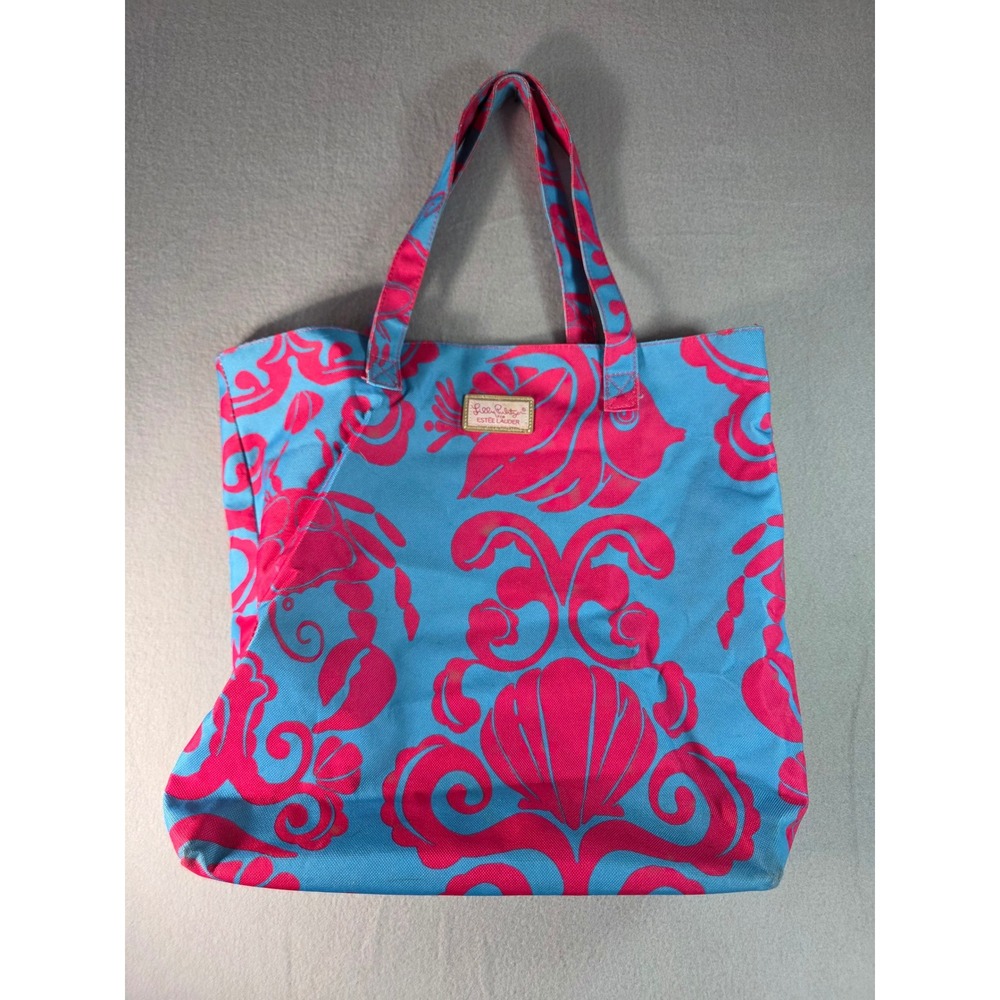 Lilly Pulitzer Estee Lauder Tote Bag Blue Pink Shell Fish Crab Coastal Canvas